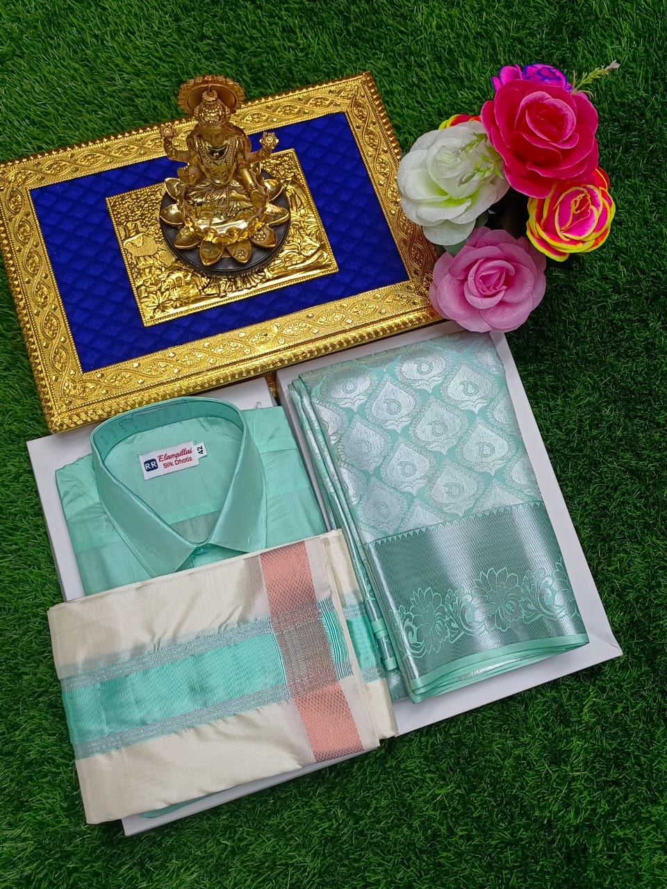Semi Silk Saree & Semi Silk Dhoti Set - Couple Combo