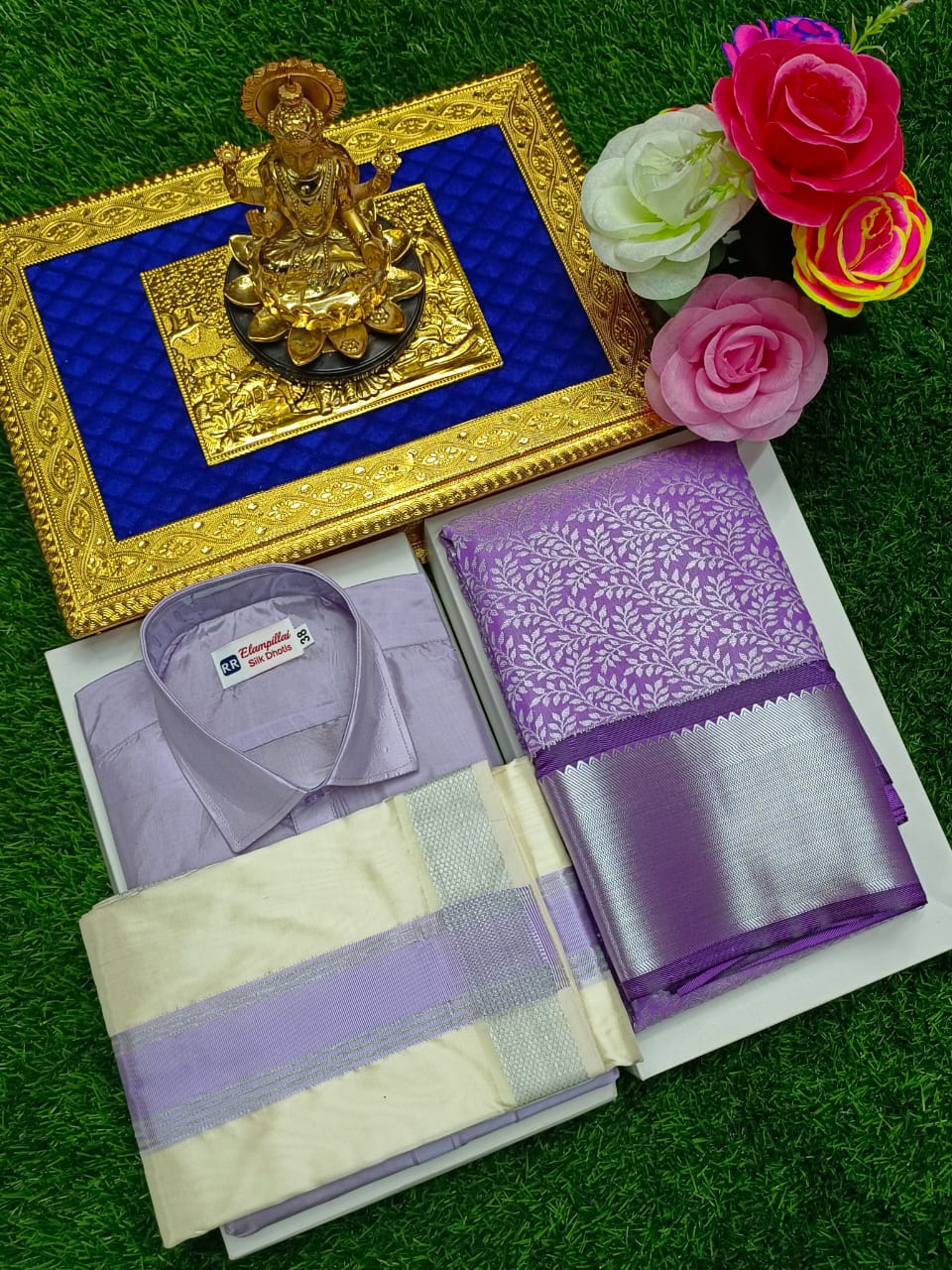 Semi Silk Saree & Semi Silk Dhoti Set - Couple Combo