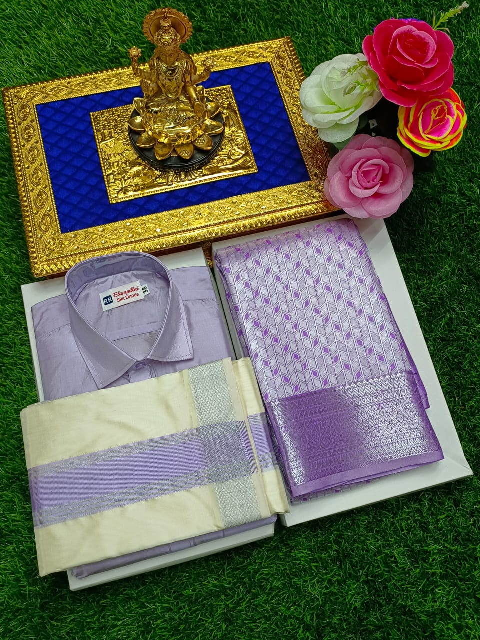 Semi Silk Saree & Semi Silk Dhoti Set - Couple Combo