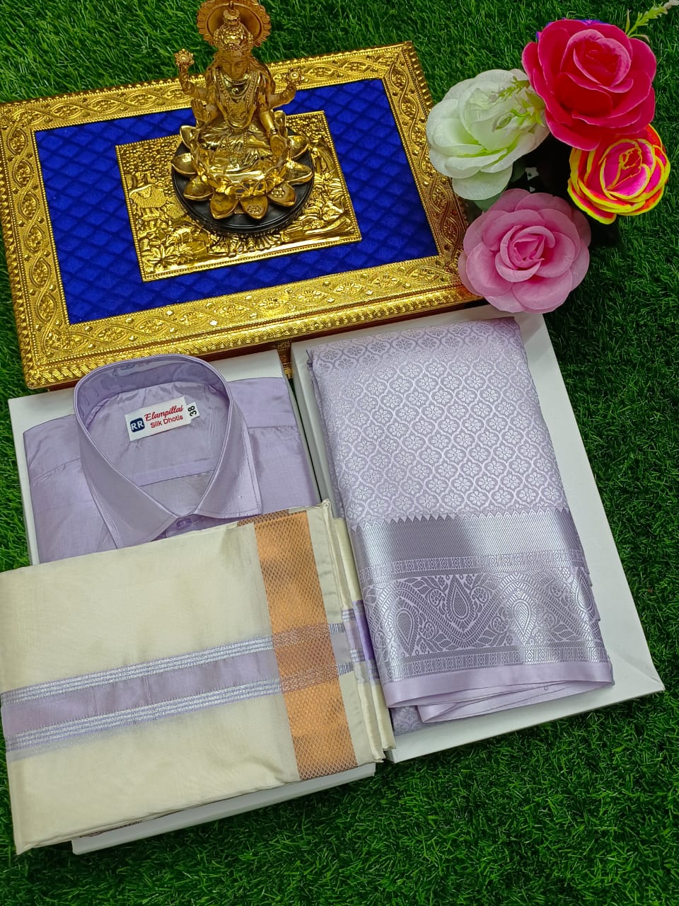 Semi Silk Saree & Semi Silk Dhoti Set - Couple Combo