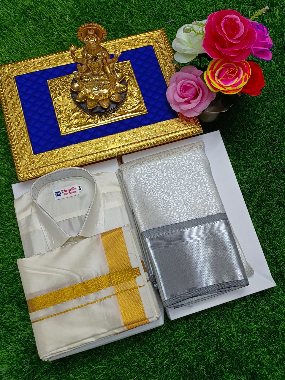 Semi Silk Saree & Semi Silk Dhoti Set - Couple Combo