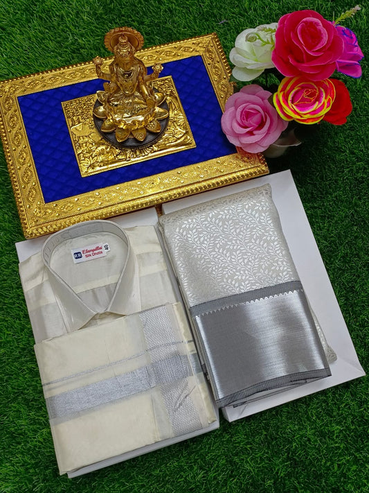 Semi Silk Saree & Semi Silk Dhoti Set - Couple Combo
