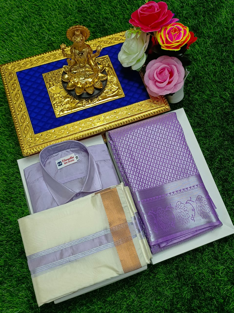 Semi Silk Saree & Semi Silk Dhoti Set - Couple Combo