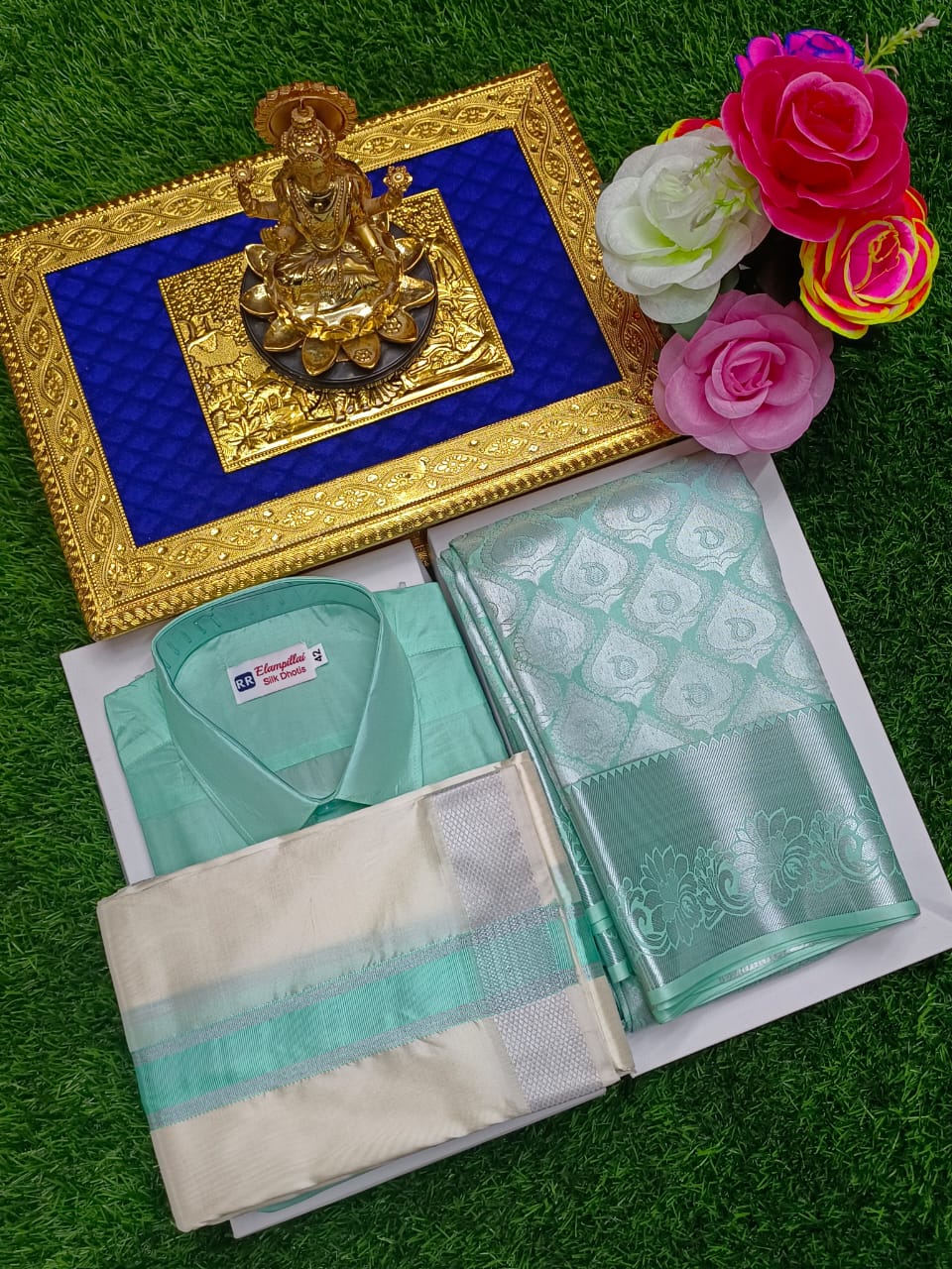 Semi Silk Saree & Semi Silk Dhoti Set - Couple Combo