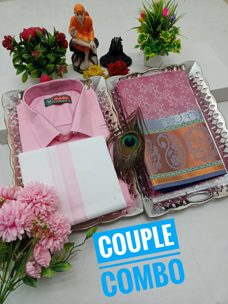Couple Combo - Embossed Semi Silk Saree With Cotton Blend Dhoti Shirt