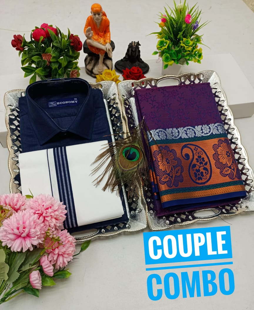 Couple Combo - Semi Silk Saree & Dhoti Shirt