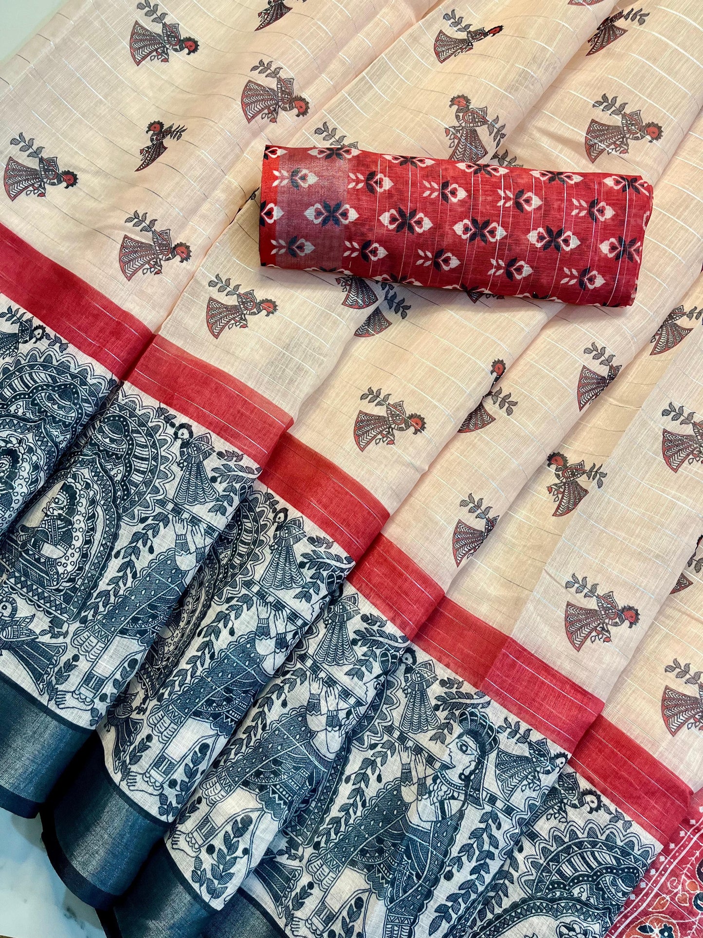 Soft Linen Silk Bridal Pallaakku and Parrot Digital Printed Work on Saree