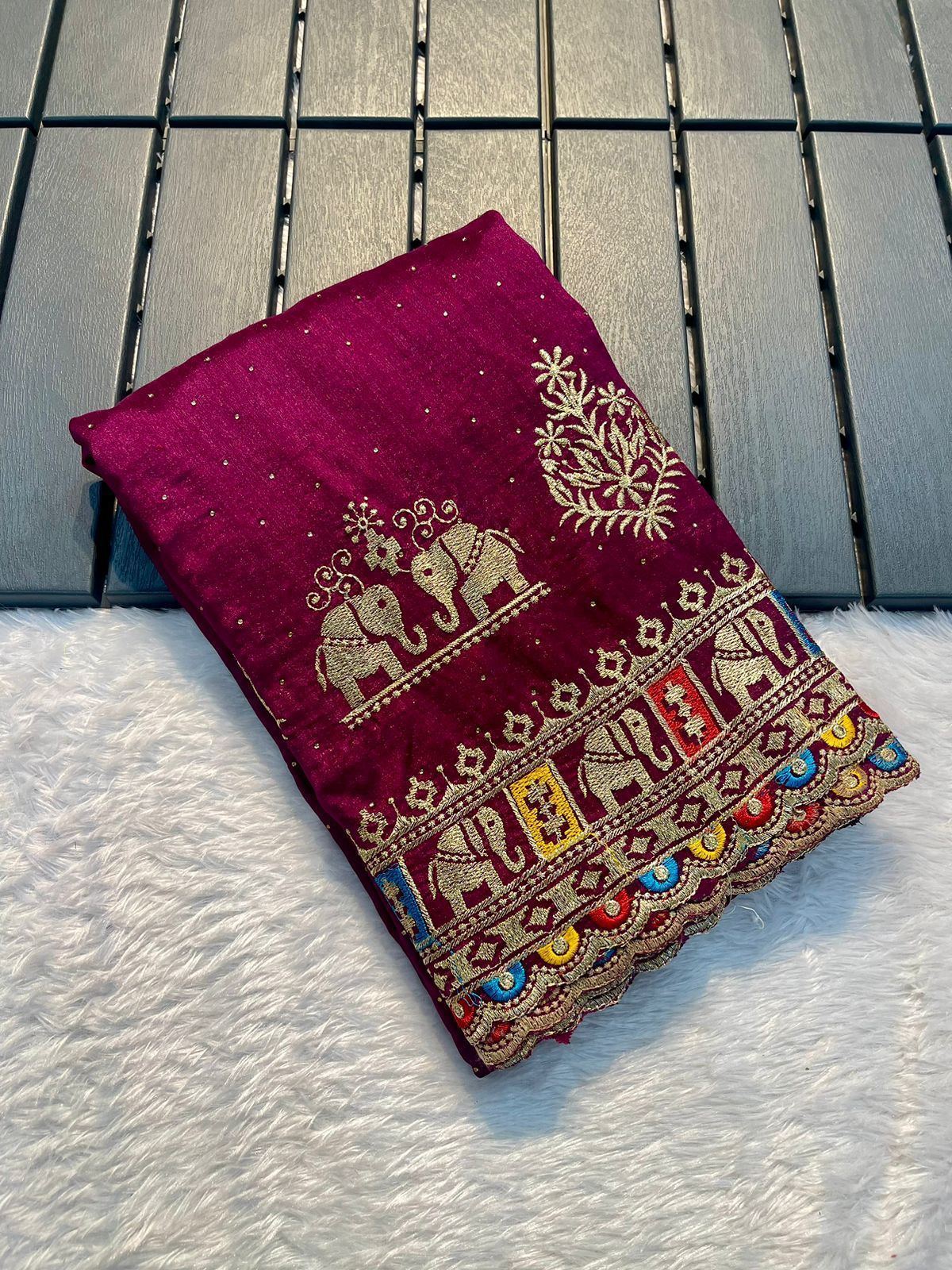 Vichitra Embroidery Silk Saree