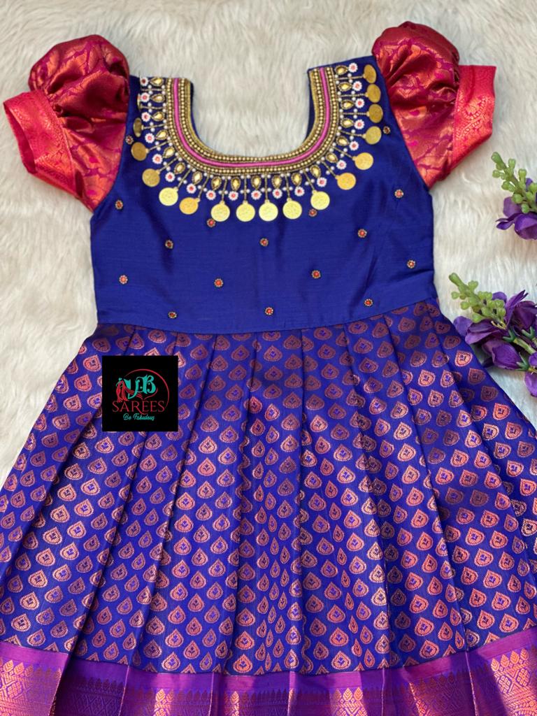 0 - 14 years Copper zari silk pattu frock with maggam work