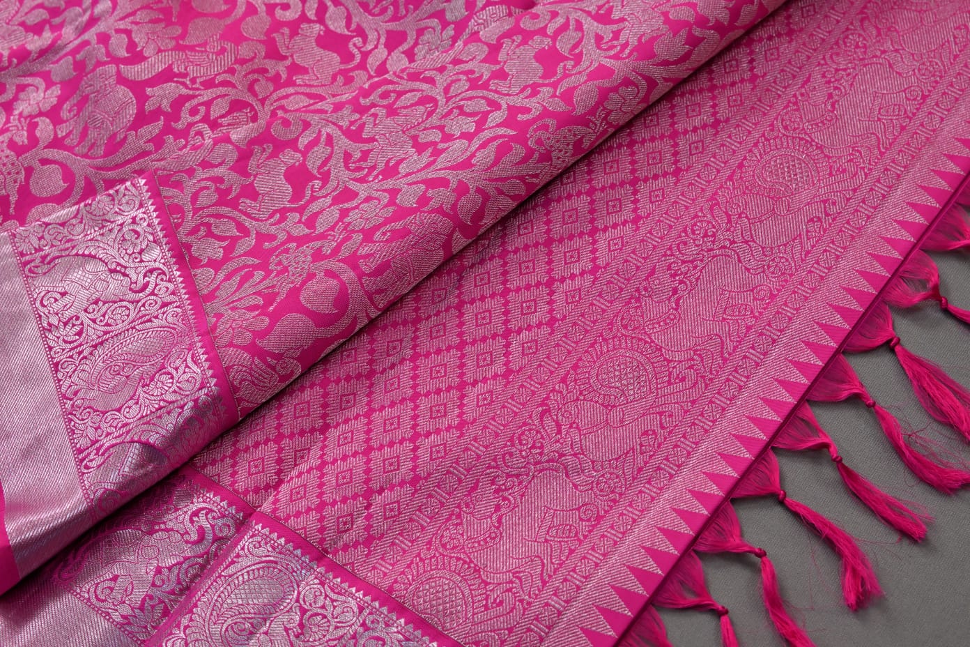 Pure silk handloom kanchipuram in bright pink color saree - Vannamayil Fashions