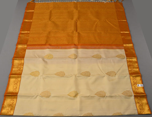 Kanchipuram handloom pure silk in cream with dark mustard yellow color saree - Vannamayil Fashions