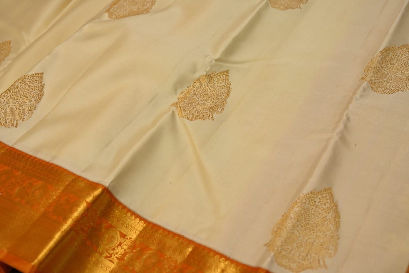 Kanchipuram handloom pure silk in cream with dark mustard yellow color saree - Vannamayil Fashions