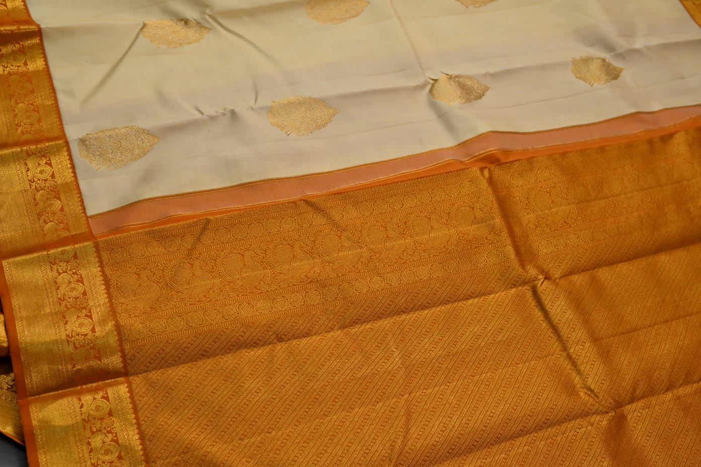 Kanchipuram handloom pure silk in cream with dark mustard yellow color saree - Vannamayil Fashions
