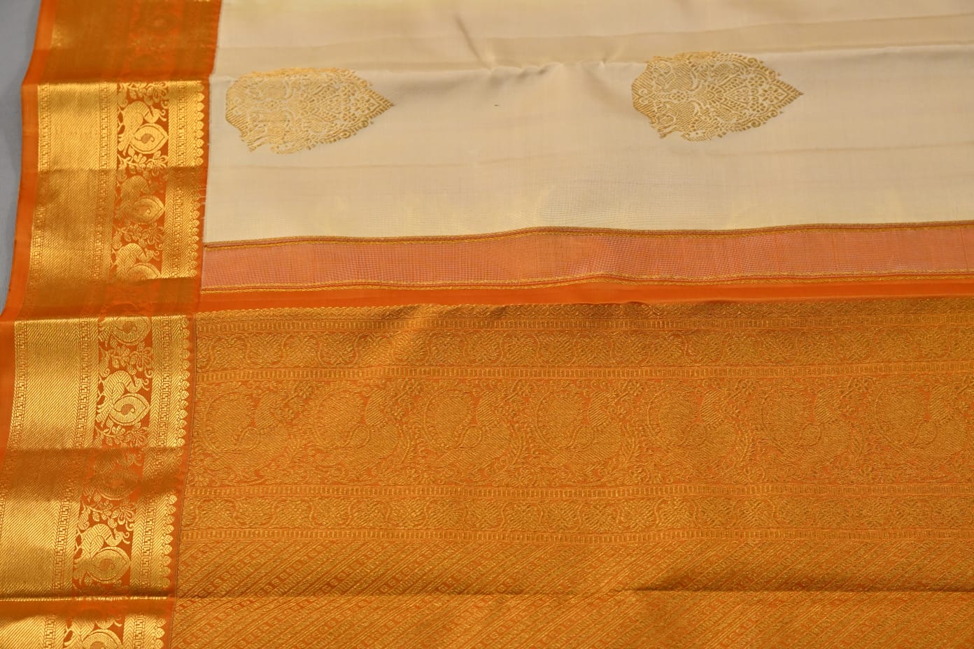 Kanchipuram handloom pure silk in cream with dark mustard yellow color saree - Vannamayil Fashions