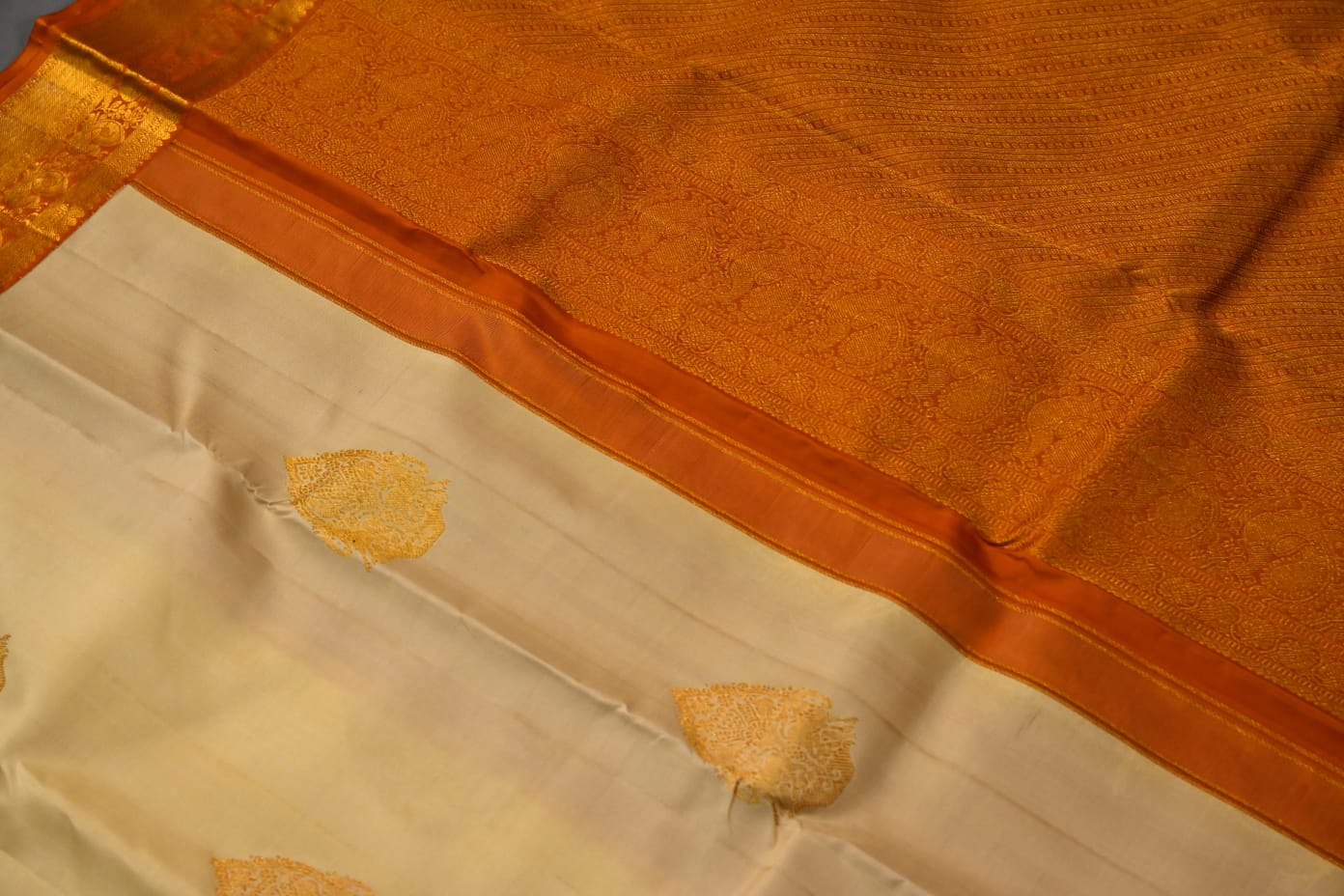 Kanchipuram handloom pure silk in cream with dark mustard yellow color saree - Vannamayil Fashions