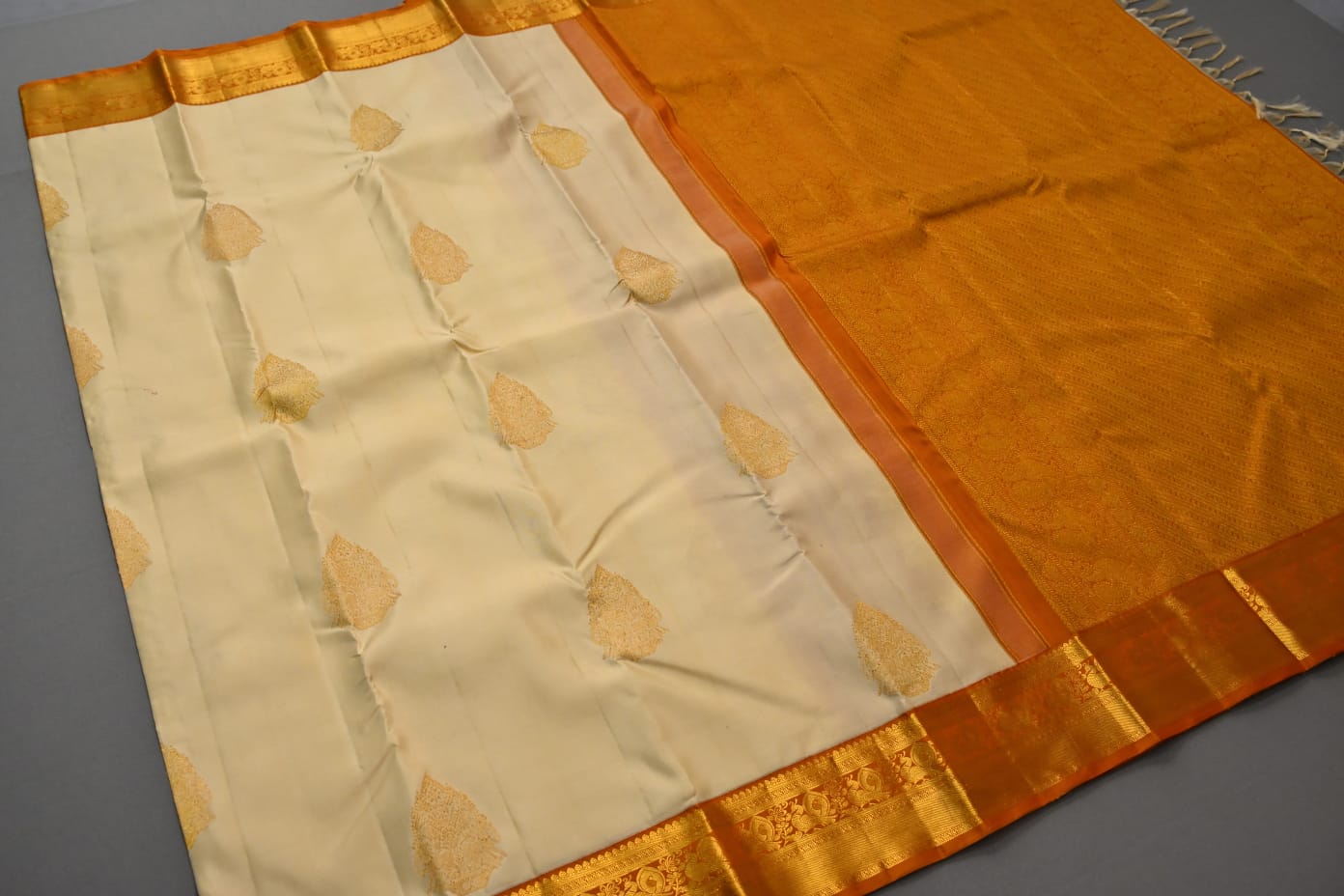 Kanchipuram handloom pure silk in cream with dark mustard yellow color saree - Vannamayil Fashions