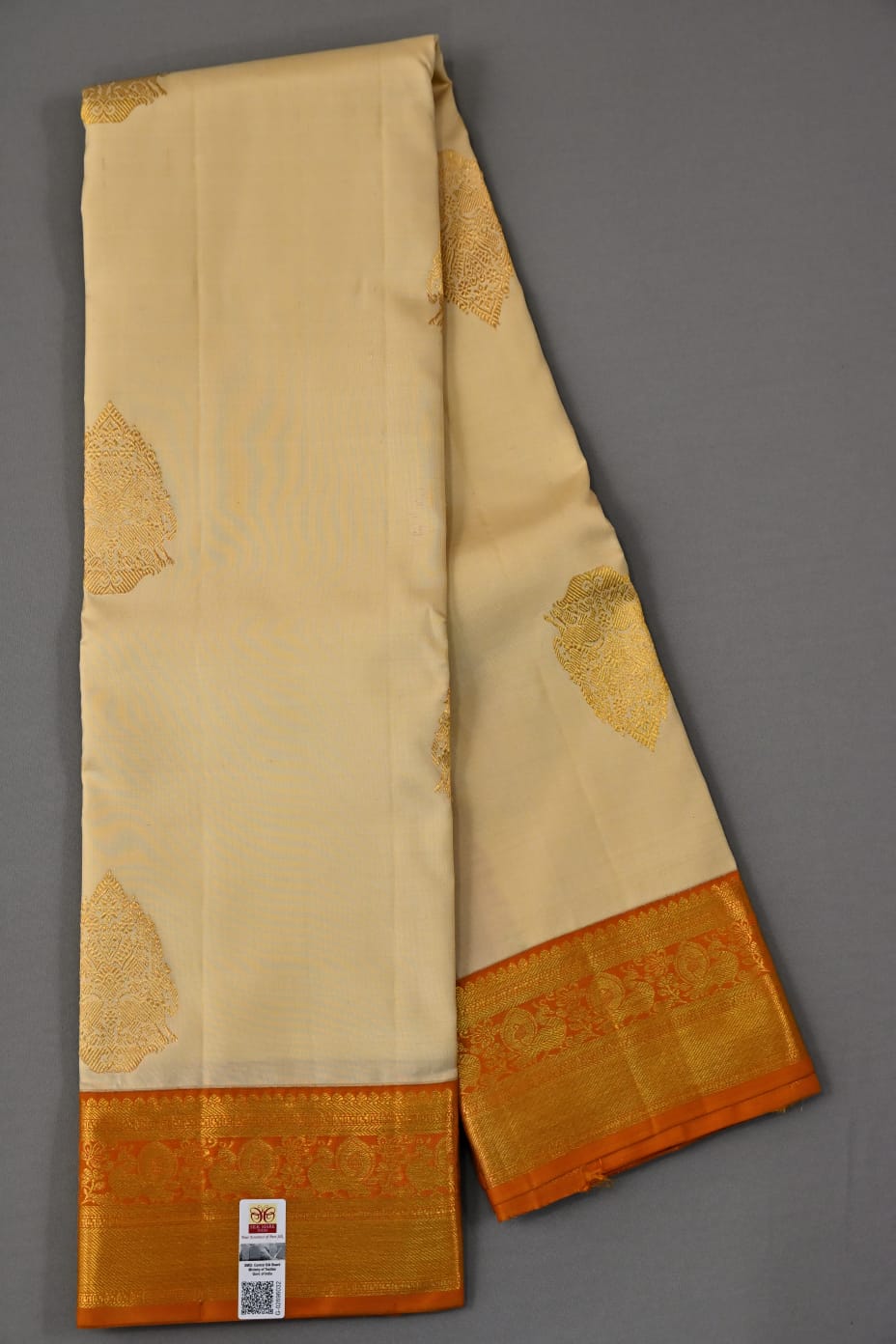 Kanchipuram handloom pure silk in cream with dark mustard yellow color saree - Vannamayil Fashions