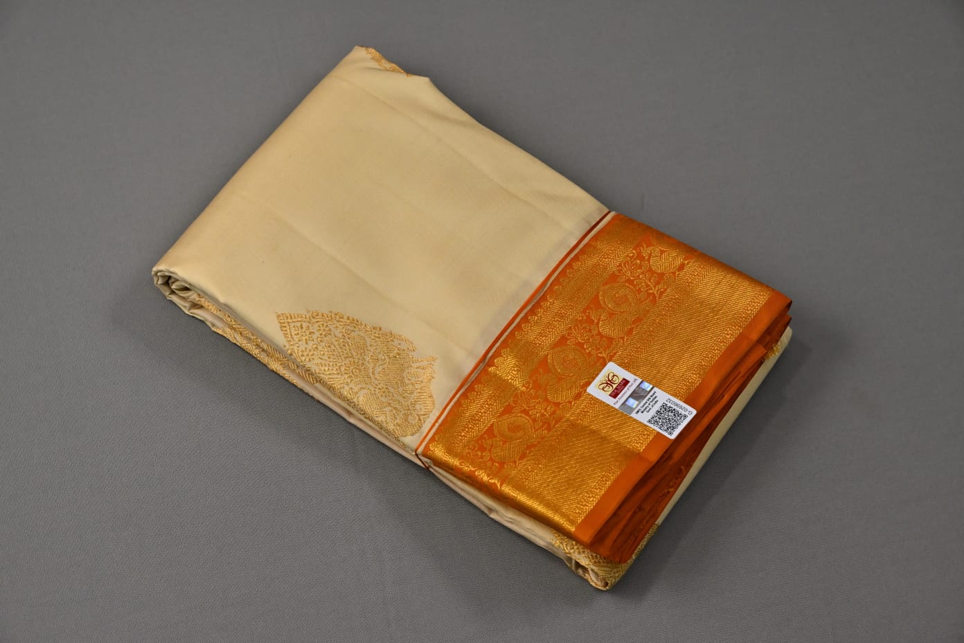 Kanchipuram handloom pure silk in cream with dark mustard yellow color saree - Vannamayil Fashions