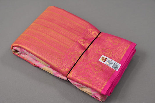 Kanchipuram handloom pure silk in white and pink color saree - Vannamayil Fashions