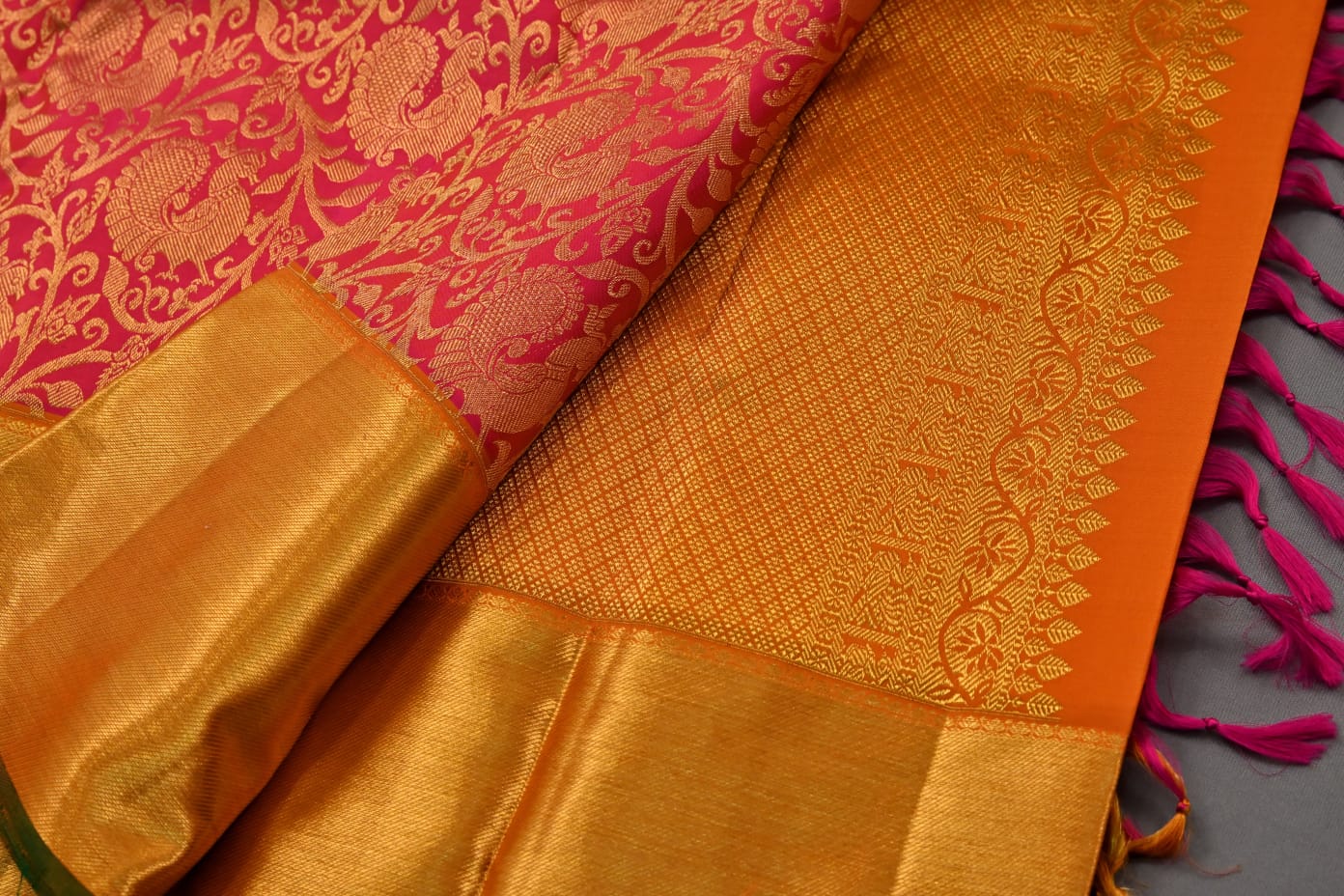 Kanchipuram handloom pure silk in pink and orange dual tone color saree - Vannamayil Fashions