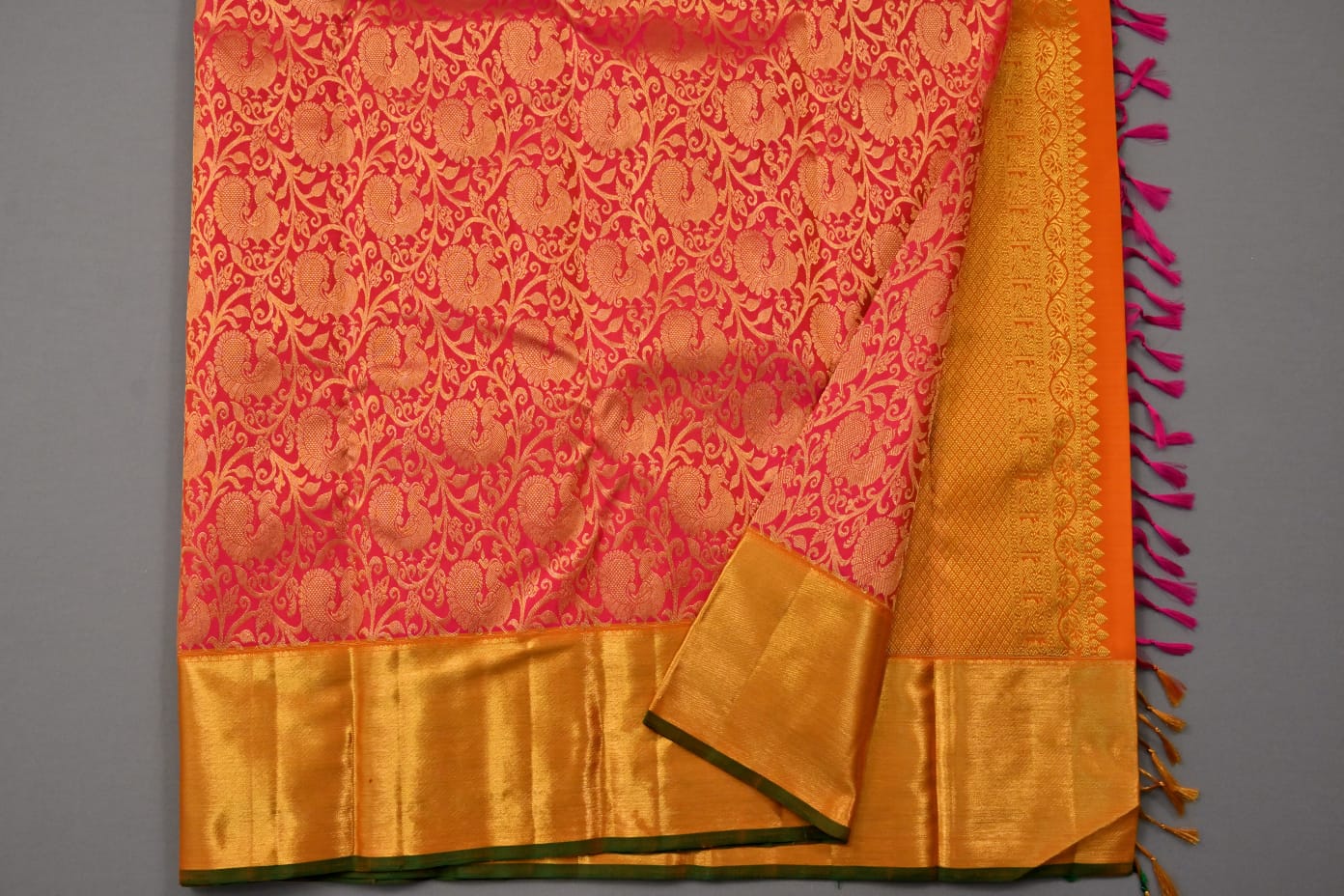 Kanchipuram handloom pure silk in pink and orange dual tone color saree - Vannamayil Fashions