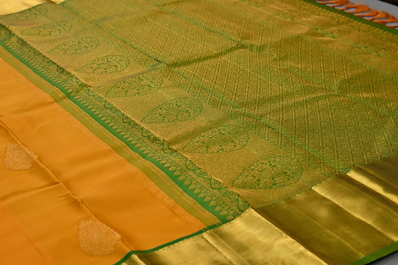 Kanchipuram pure silk in yellow with green color saree - Vannamayil Fashions