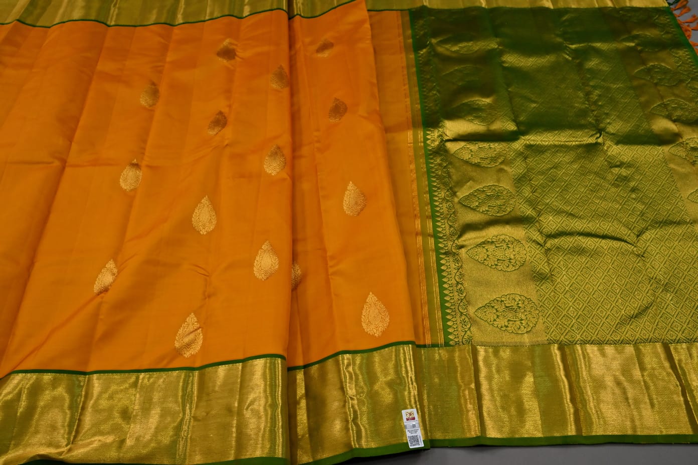 Kanchipuram pure silk in yellow with green color saree - Vannamayil Fashions