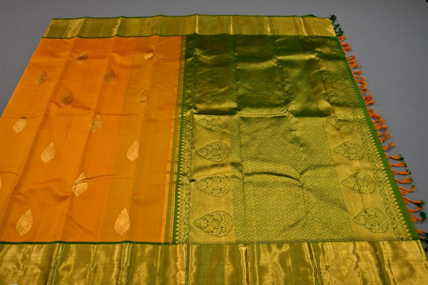 Kanchipuram pure silk in yellow with green color saree - Vannamayil Fashions
