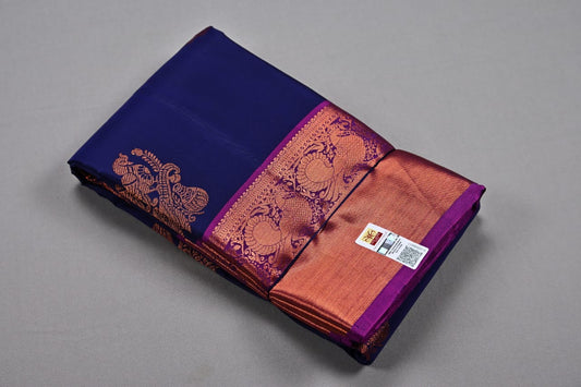Kanchipuram handloom pure silk in navy blue with magenta color saree - Vannamayil Fashions