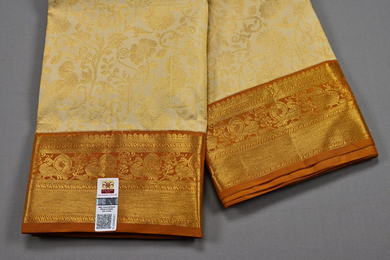 Kanchipuram handloom pure silk in cream with dark mustard yellow color saree - Vannamayil Fashions