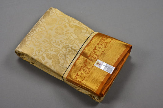 Kanchipuram handloom pure silk in cream with dark mustard yellow color saree - Vannamayil Fashions