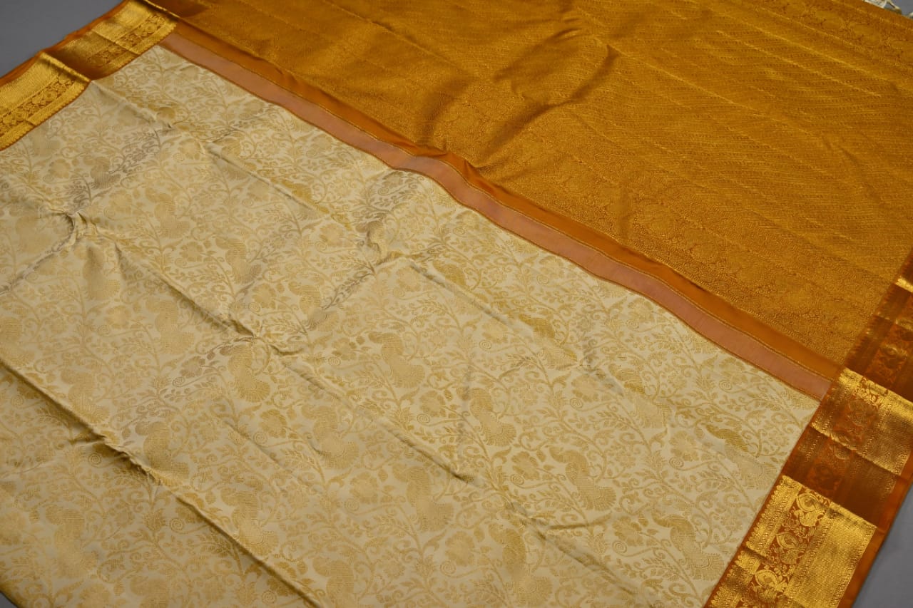 Kanchipuram handloom pure silk in cream with dark mustard yellow color saree - Vannamayil Fashions
