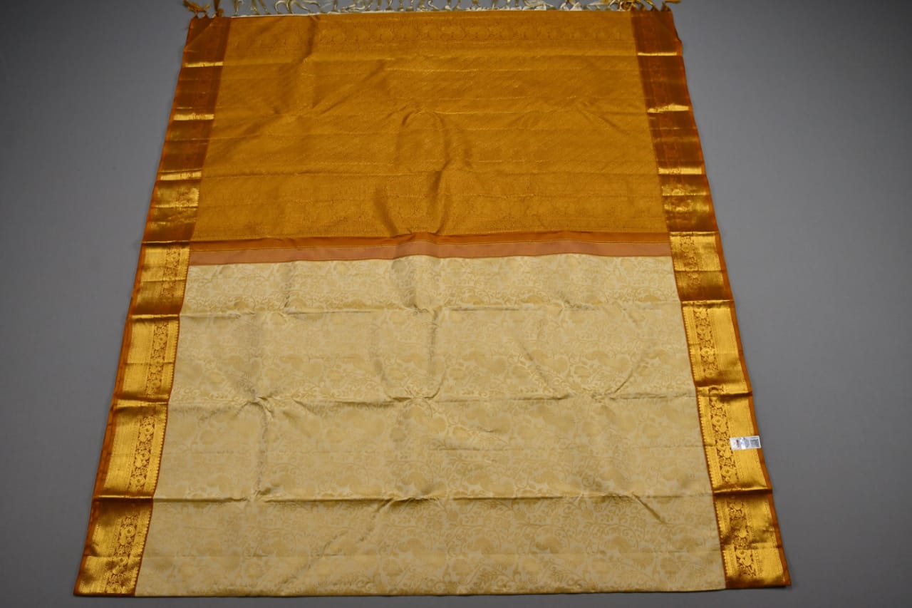 Kanchipuram handloom pure silk in cream with dark mustard yellow color saree - Vannamayil Fashions