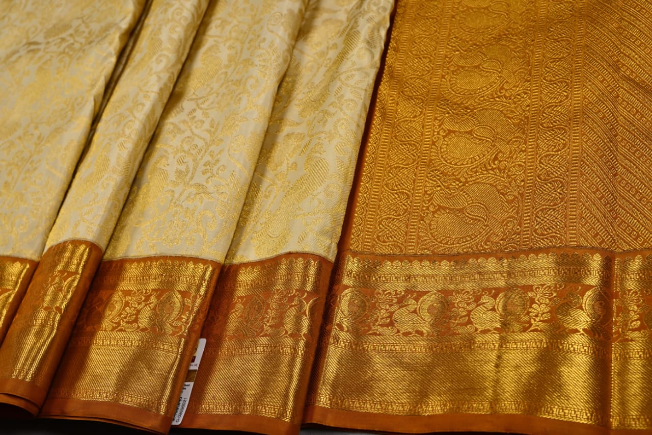 Kanchipuram handloom pure silk in cream with dark mustard yellow color saree - Vannamayil Fashions