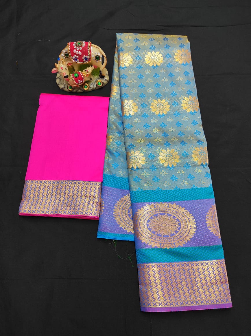 Up to 10 years samuthrika type semi silk pattu pavadai material for kids - Vannamayil Fashions
