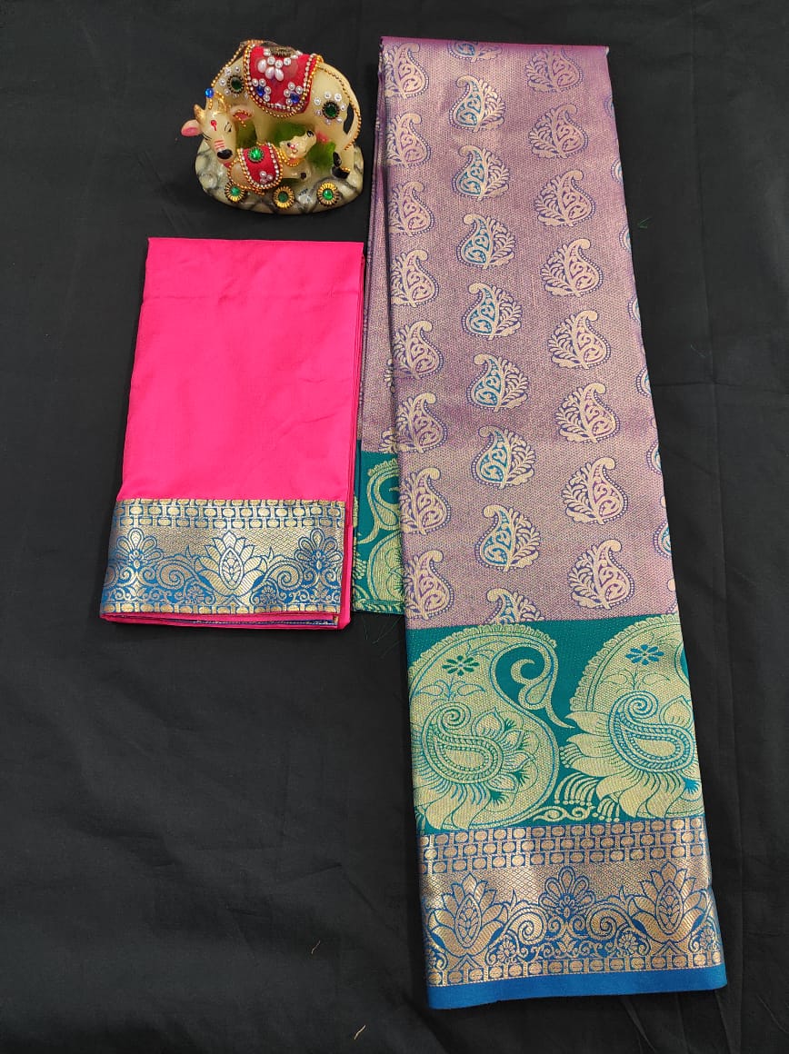 Up to 10 years samuthrika type semi silk pattu pavadai material for kids - Vannamayil Fashions