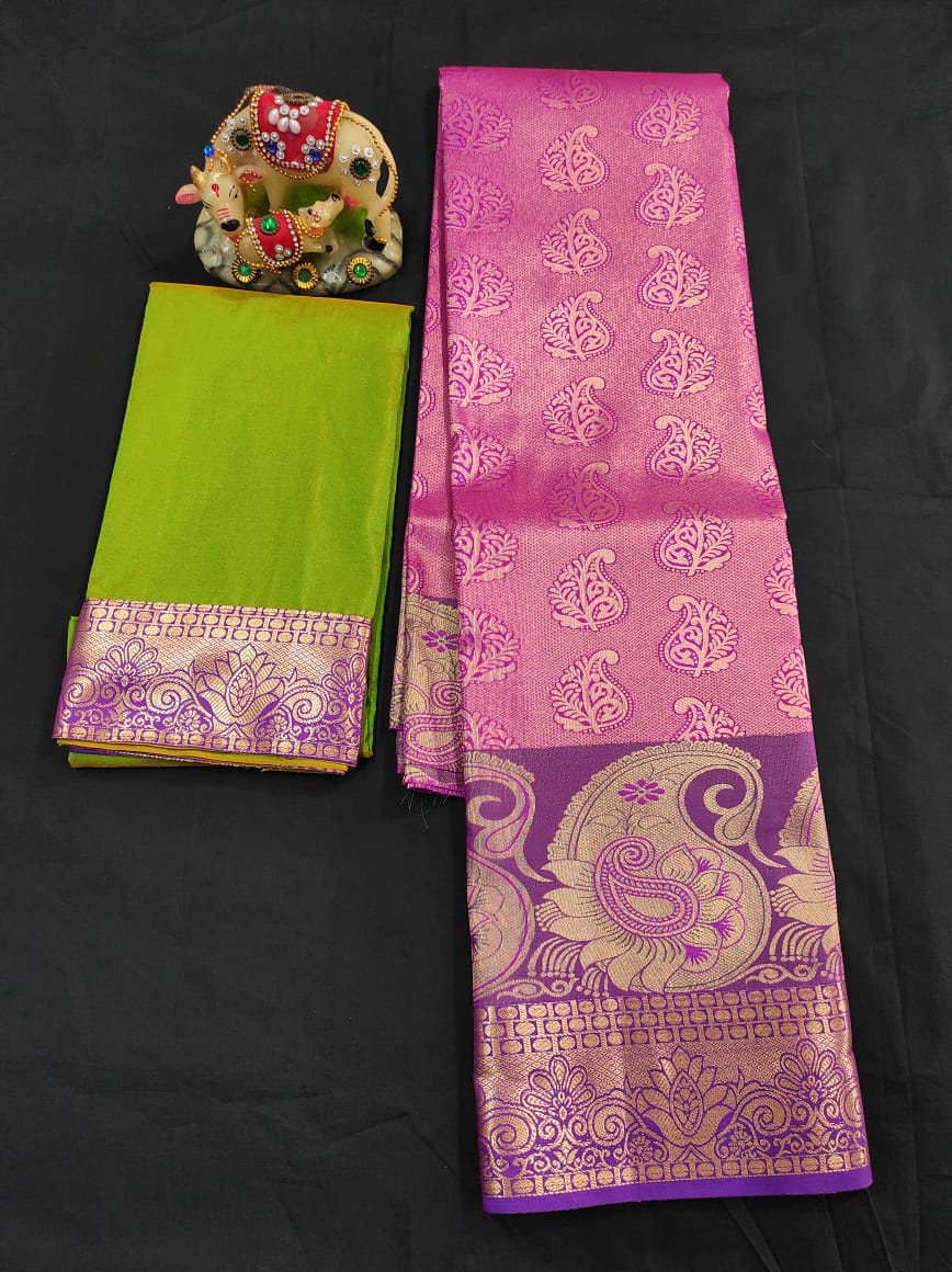 Up to 10 years samuthrika type semi silk pattu pavadai material for kids - Vannamayil Fashions