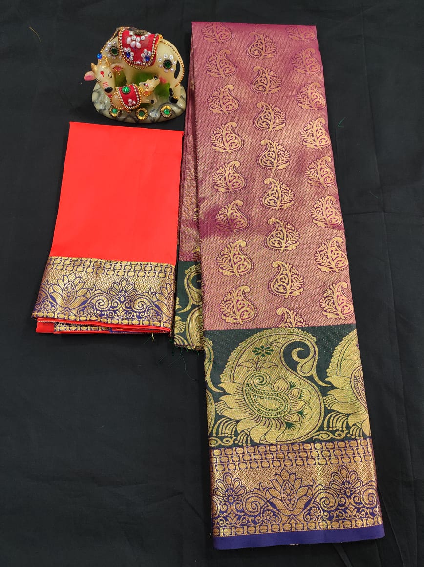 Up to 10 years samuthrika type semi silk pattu pavadai material for kids - Vannamayil Fashions