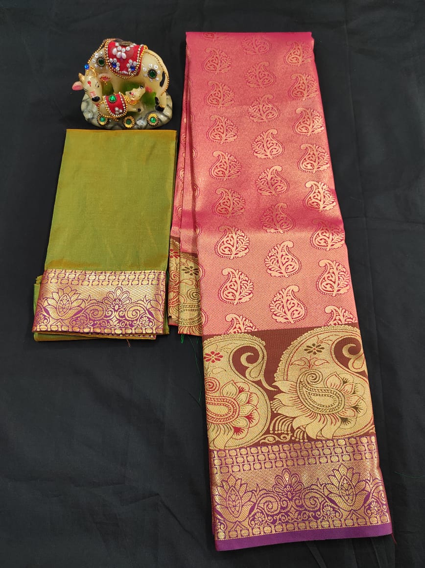 Up to 10 years samuthrika type semi silk pattu pavadai material for kids - Vannamayil Fashions