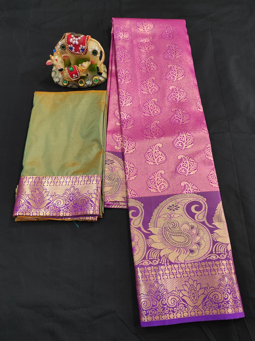 Up to 10 years samuthrika type semi silk pattu pavadai material for kids - Vannamayil Fashions