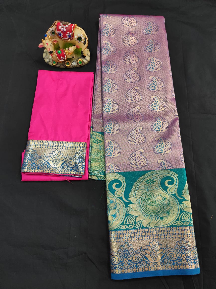 Up to 10 years samuthrika type semi silk pattu pavadai material for kids - Vannamayil Fashions