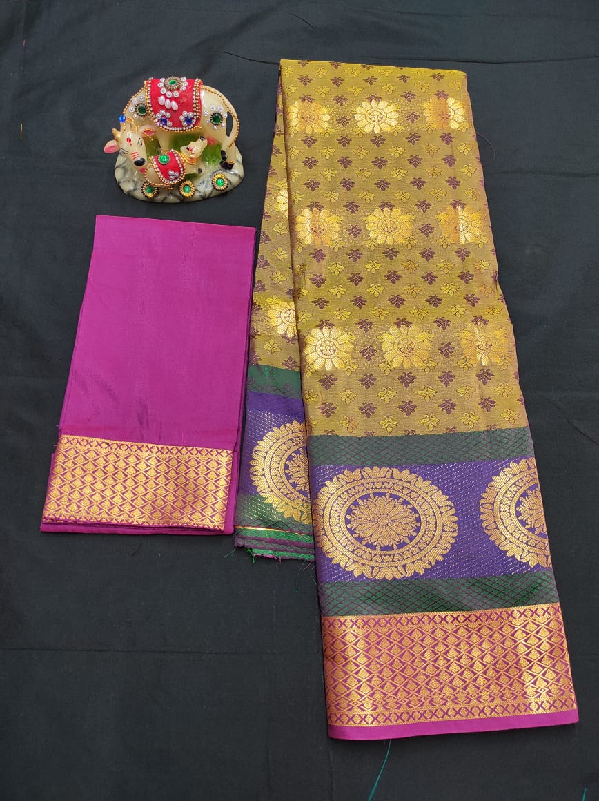 Up to 10 years samuthrika type semi silk pattu pavadai material for kids - Vannamayil Fashions