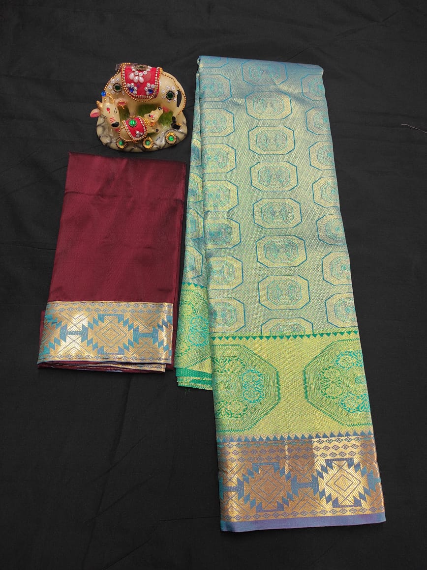 Up to 10 years samuthrika type semi silk pattu pavadai material for kids - Vannamayil Fashions