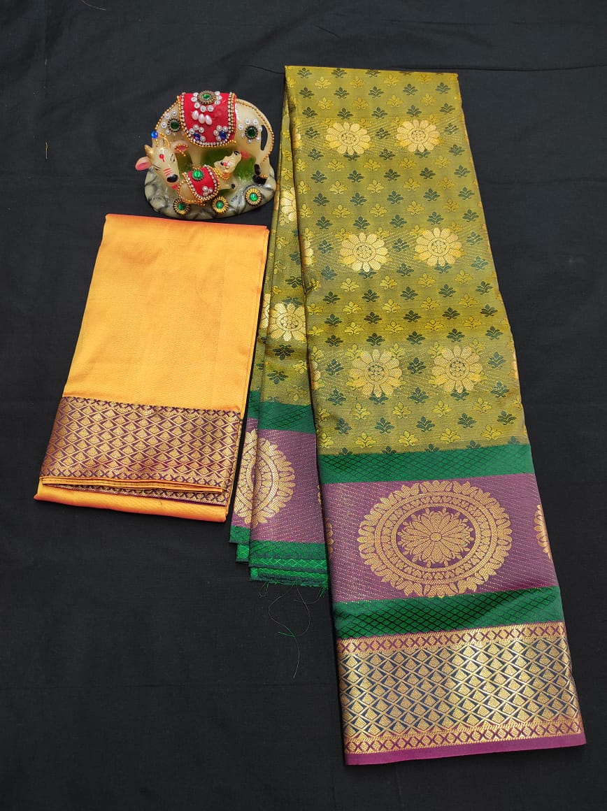 Up to 10 years samuthrika type semi silk pattu pavadai material for kids - Vannamayil Fashions
