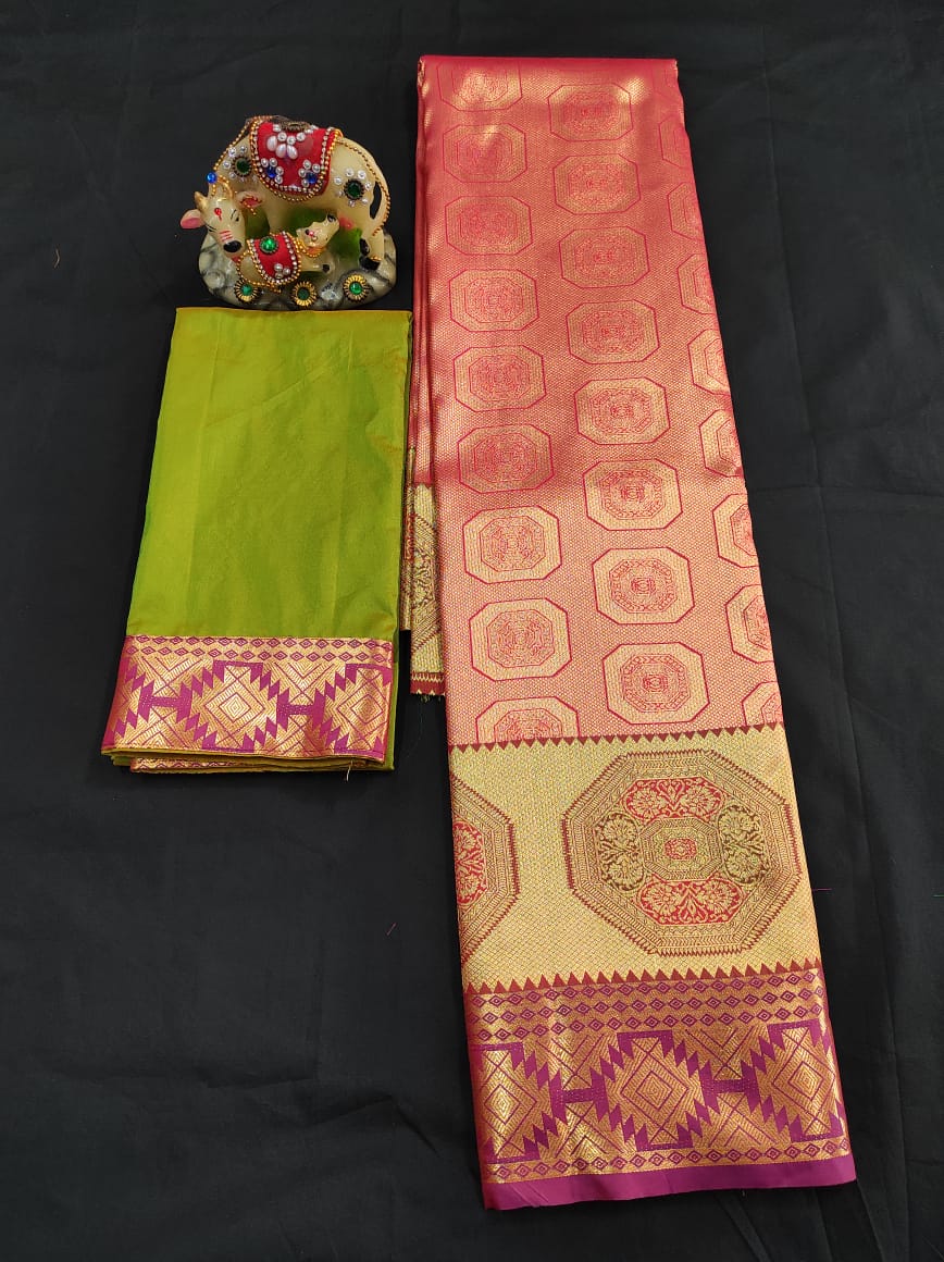 Up to 10 years samuthrika type semi silk pattu pavadai material for kids - Vannamayil Fashions