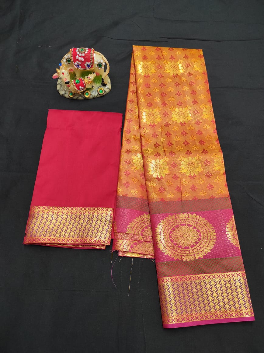Up to 10 years samuthrika type semi silk pattu pavadai material for kids - Vannamayil Fashions