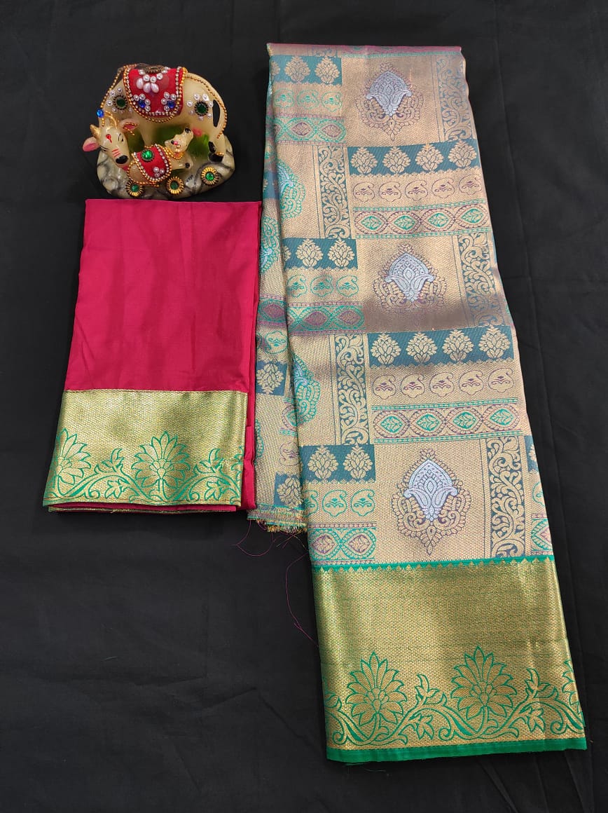 Up to 10 years samuthrika type semi silk pattu pavadai material for kids - Vannamayil Fashions