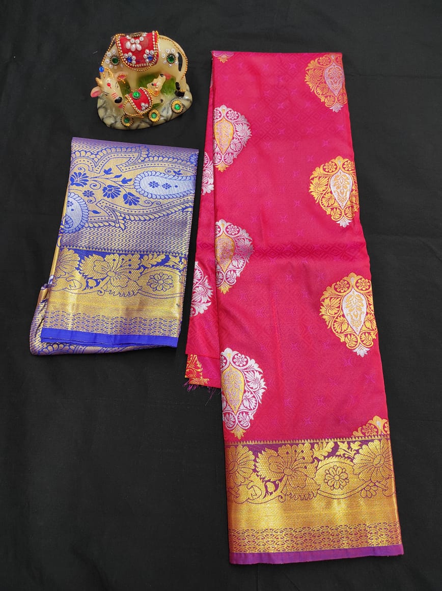 Up to 10 years samuthrika type semi silk pattu pavadai material for kids - Vannamayil Fashions