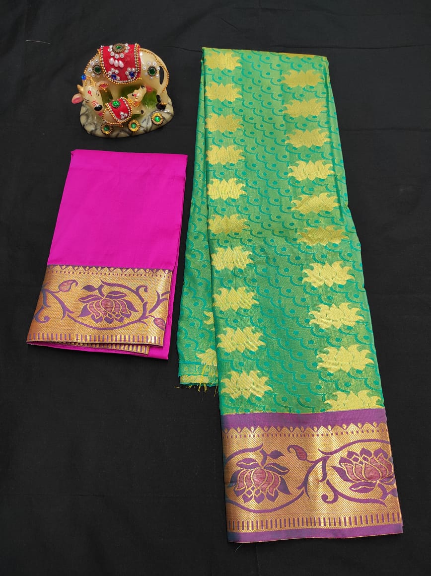 Up to 10 years samuthrika type semi silk pattu pavadai material for kids - Vannamayil Fashions