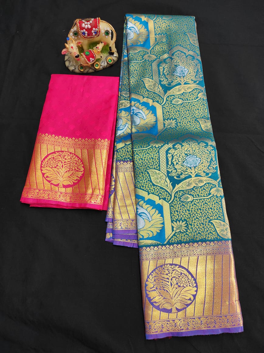 Up to 10 years samuthrika type semi silk pattu pavadai material for kids - Vannamayil Fashions